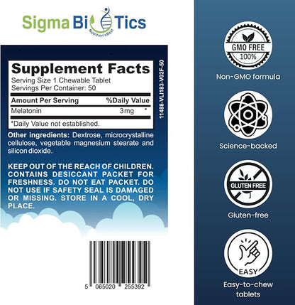 Sigma Biotics Melatonin 3mg Chewable Tablets - Sleep Supplement for Optimum Rest & Sleep-Wake Cycle - Non-GMO Melatonin Pills - Ideal for Occasional Sleeplessness - 3mg Dose, 50 Tablets