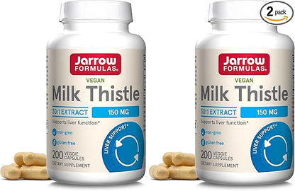 Jarrow Formulas Milk Thistle Supplement 150 mg 30:1 Milk Thistle Extract Standardized to 80% Total Flavonoids,Dietary Supplement for Liver Function Support, 200 Veggie Capsules for 200 Day,(Pack of 2)