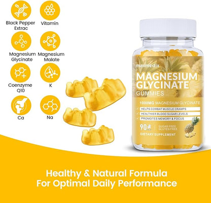 Magnesium Glycinate Gummies 1000mg, Sugar Free Magnesium Potassium Supplements Chewable for Adults with L-Threonate for Sleep, Body Support and Relaxation,90 Pineapple Gummies