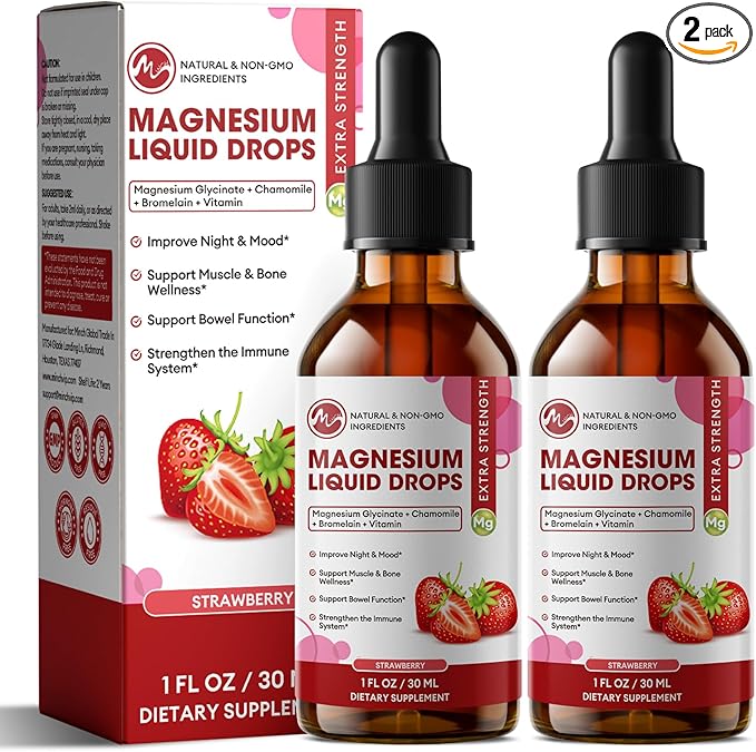 M inch Magnesium Glycinate Liquid, High Absorption Magnesium Liquid Drops with Chamomile, Hawthorn, Ginger Extract & Vitamin B6, B9, B12, C, D3, Magnesium Supplement, Strawberry Flavor, 2 Pack