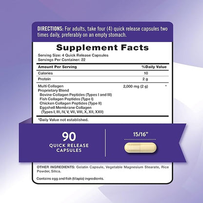 Nature's Truth Multi Collagen Peptides Capsules | Types I, II, III, IV, V, VII, VIII, X, XII & XXII | 2000 mg | 90 Count | Keto Friendly | Non-GMO and Gluten Free Supplement