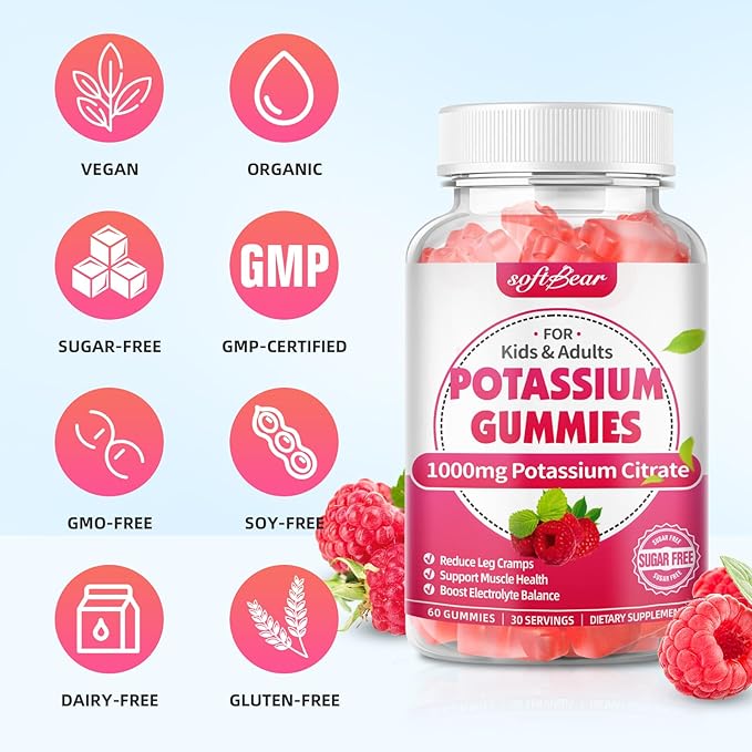 softbear Potassium Citrate 1000mg Gummies – High Absorption Potassium Gummies for Muscle Support & Electrolyte Balance – Potassium Supplement for Women & Adults, Vegan, Raspberry Flavor (120 Count)