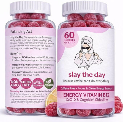 Balancing Act – Slay The Day Energy Gummies – Caffeine Free Focus & Clean Energy Support – with Vitamin B12, CoQ10 & Cognizin® Citicoline – Raspberry Lemonade – 60 Count (30 Day Supply)