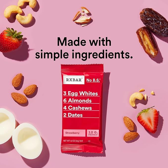 RXBAR Protein Bars, 12g Protein, Gluten Free Snacks, Strawberry, 22oz Box (12 Bars)