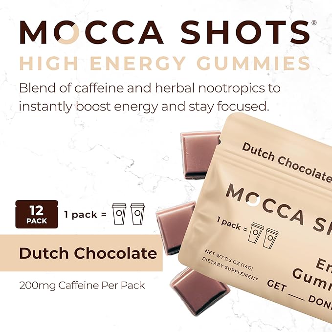 SGC Highest Concentration 100mg Caffeine per Gummy, 2 Gummies per Pack, 12-Pack Mocca Shots Dutch Chocolate Plant-Based Instant Energy with Herbal nootropics