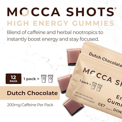 SGC Highest Concentration 100mg Caffeine per Gummy, 2 Gummies per Pack, 12-Pack Mocca Shots Dutch Chocolate Plant-Based Instant Energy with Herbal nootropics