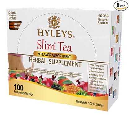 HYLEYS Slim Tea 9 Flavor Assortment 100 Ct - Weight Loss Herbal Supplement Cleanse and Detox - 100 Tea Bags (9 Pack) - Herbal Tea Variety Pack