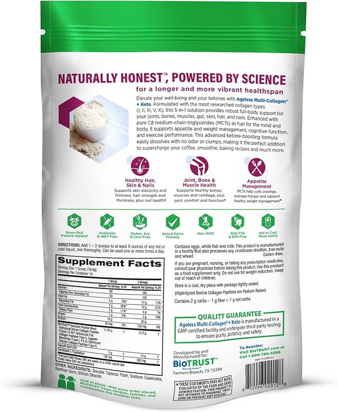 BioTrust Multi Collagen Protein Powder + Keto MCT Oil – 5 Types (I, II, III, V, X) & 100% Caprylic Acid C8 - Support Elevated Ketones, Metabolism, Joints & Beauty All in 1 Collagen Powder (Unflavored)