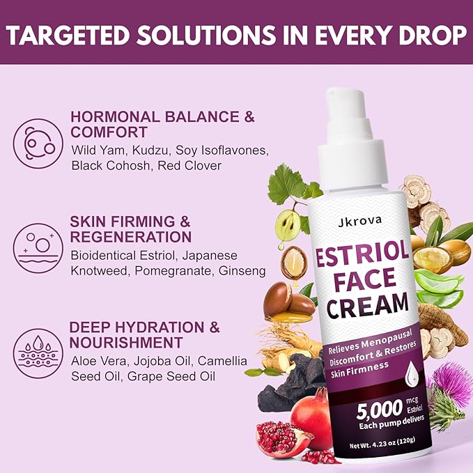 Estriol Face Cream for Women - With Bioidentical Estriol, Wild Yam| Estrogen Moisturizer Cream to Lift Skin, Reduce Fine Lines & Revitalize, Hot Flash & Menopause Relief | 4.25 oz