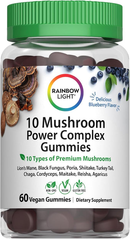 Rainbow Light Mushroom Power Complex Supplement | 60 Gummies | 10 Types of Premium Mushrooms Including Lion's Mane, Poria, Shiitake, Turkey Tail & More | Delicious Blueberry Flavor