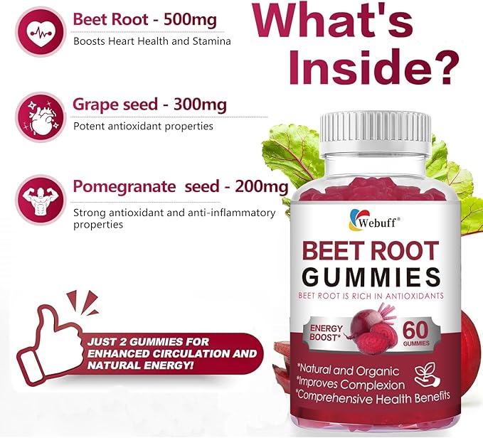 Beet Root Gummies — Nitric Oxide Booster with Organic Beet, Pomegranate & Grape Seed, Vitamin B12 — Energy, Circulation & Heart Health Support, Vegan, Non-GMO, 60 Count (Pack of 1)