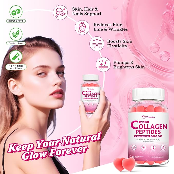 Collagen Peptides Gummies, Collagen Gummies for Women & Men, Type I,II,III,V,X Protein with Biotin, Hyaluronic Acid, Vitamin C for Healthy Skin | Strawberry Flavored, Sugar Free, 120 Cts