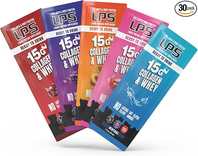 Nutritional Designs LPS Liquid Collagen & Whey Protein Supplement - Non-GMO Drink, Sugar-Free - Promotes Healthy Skin & Hair for Men & Women, Variety Box, Single Serve (30 Packets)