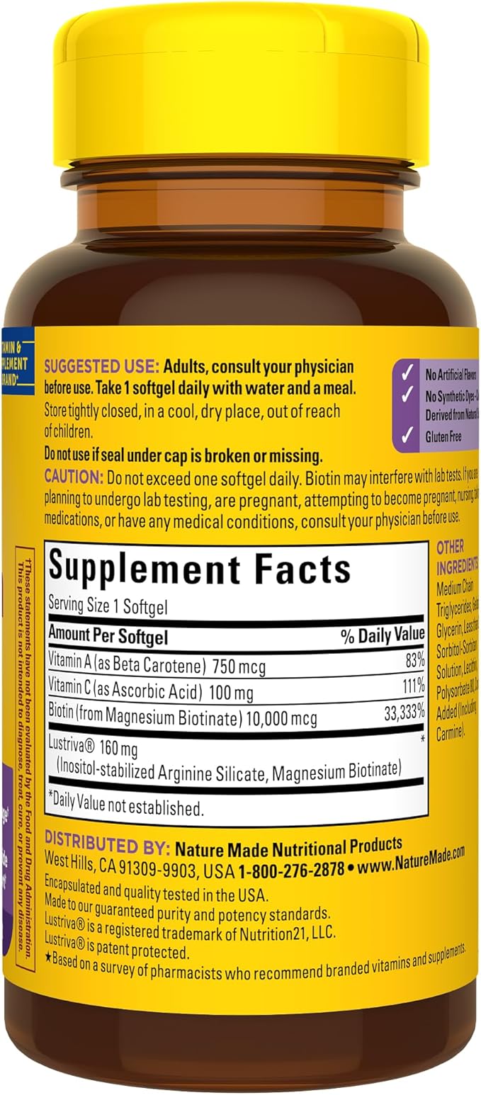 Nature Made Hair-Growth Softgels, Clinically Studied Lustriva + Biotin, Vitamin C & A, Hairs Growth Vitamins - Support Healthy Hair as You Age, 30 Softgels, 30 Day Supply, (Pack of 2)