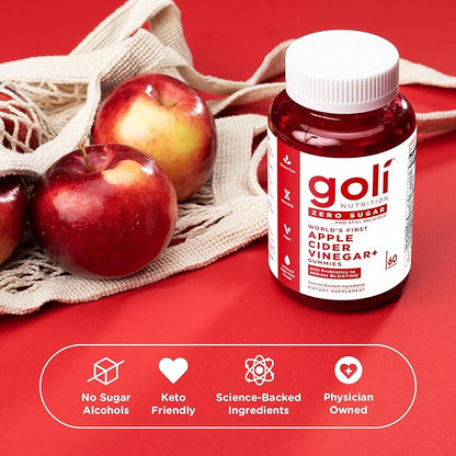 Goli Zero Sugar Apple Cider Vinegar Gummies, 60 Count Each (3 Pack, 180 Total) – ACV with Vitamin B12 & Probiotics, No Sugar Alcohols, Vegan, Keto & Gluten Free