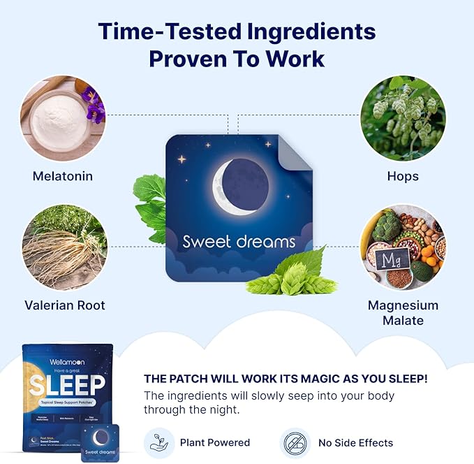Wellamoon Original Sleep Patches for Adults Extra Strength | Easy-to-Apply Sleep Patch with Melatonin & Valerian | Relax & Wake Up Refreshed | Long-Lasting Night Comfort for Men & Women | 28 Patches
