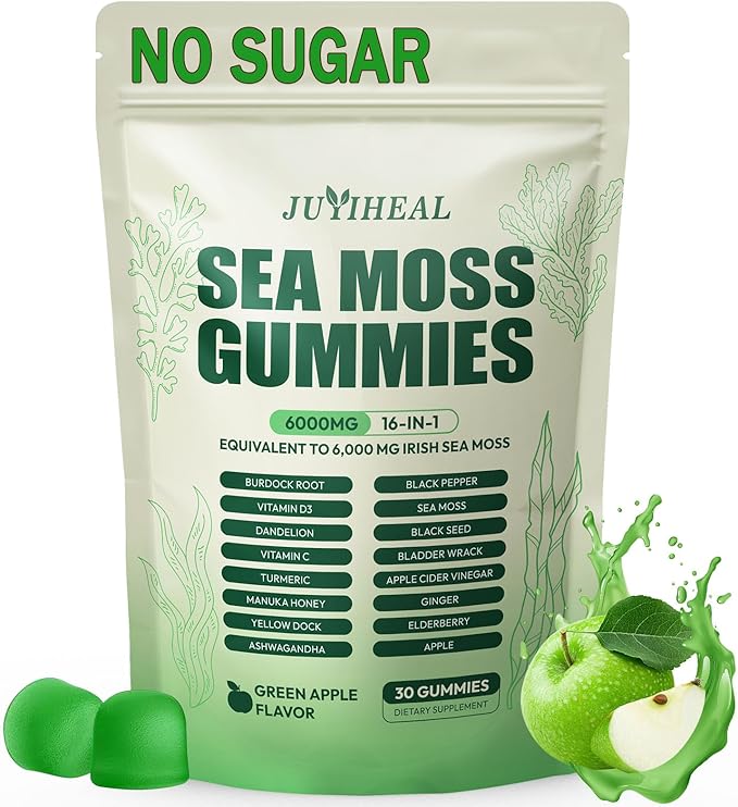 16 in 1 Sea Moss Gummies with Ashwagandha Black Seed Oil Bladder Wrack Turmeric Vitamin C & D3 with Manuka Burdock Root, Irish Sea Moss Gummies for Women & Men, Vegan Green Apple