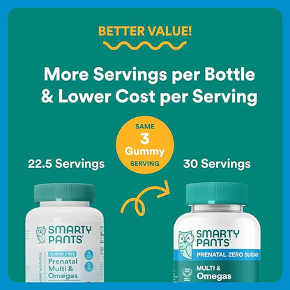 SmartyPants Zero Sugar Prenatal Multivitamin Gummies: Choline, Methylfolate, Omega 3 (ALA), Vitamin D3, C, Vitamin B12, B6, A, K, Zinc, Biotin, Gluten Free, No Sugar Alcohols, 90 Count (30 Day Supply)