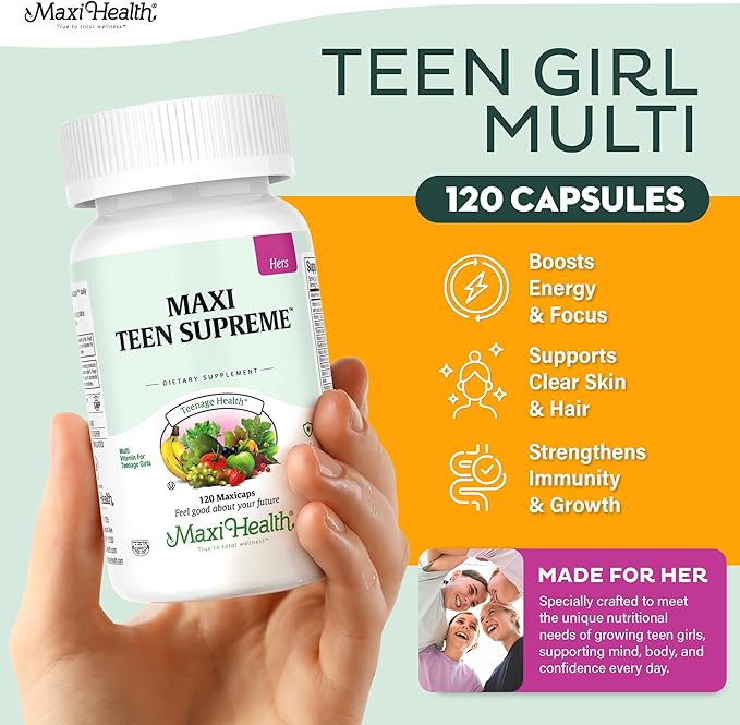 Maxi Health Teen Vitamins for Girls 12-17 - Teen Multivitamin D3, Iron, Calcium, Biotin, Zinc, Digestive Enzymes – Teenager Girl Multi Vitamins for Healthy Skin, Immune & Mood Support – 120 Count