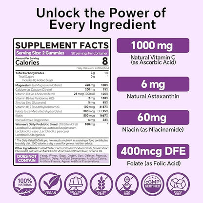 Magnesium Citrate Gummies 420mg for Adult - Dual Layer - w/10 Billion CFU - 5 Strains Probiotics & Calcium, D3, Biotin, Iron, B6, B12, Folate, Support for Bone, Nerve, Relaxation, Muscle - Vegan 60Cts