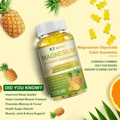 Magnesium Glycinate Gummies 400mg, Sugar Free Magnesium Taurate, Malate Supplement with Vitamin D, B6, CoQ10 for Relaxation, Stress Relief, Muscle, Bone & Sleep Support- 60 Pineapple Gummies