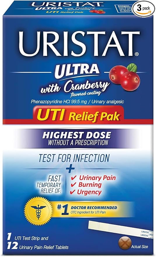 URISTAT Ultra UTI Relief Pack, 1 UTI Test Strip & 12 Pain Relief Tablets (Pack of 3)