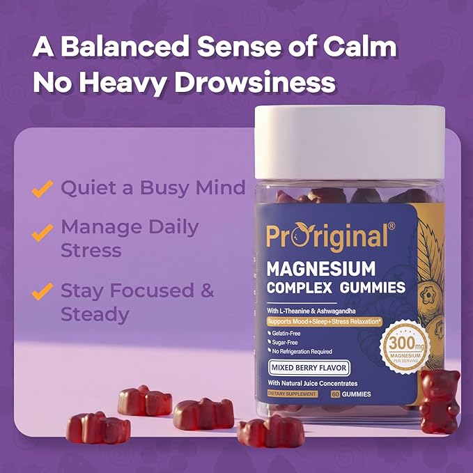 Magnesium Gummies for Stress & Sleep - 300mg Magnesium Complex with Glycinate, Citrate, Malate & Taurate - Supports Relaxation, Muscle & Heart Health - Vegan, Sugar-Free, Non-GMO - 60 Gummies