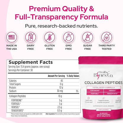 FORTIBONE® Premium Bone Health Collagen Peptides w/FORTIGEL®, VERISOL®, TENDOFORTE® | Clinically-Supported for Bones Joints Skin Hair Nails | Hydrolyzed Collagen Anti-Aging Formula | 30 Servings