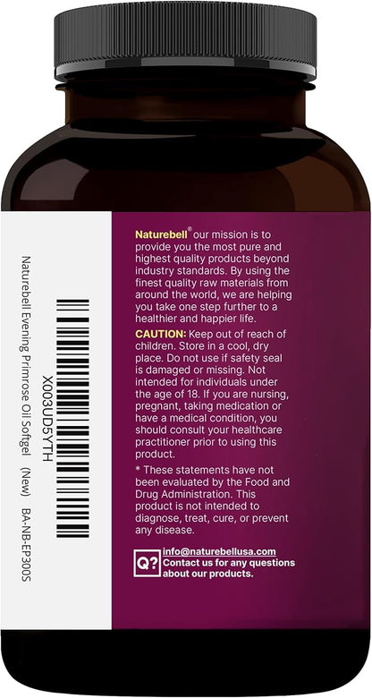NatureBell Evening Primrose Oil with Black Cohosh, 1,300mg Per Serving, 300 Mini-Softgels | Cold Pressed Seeds, Retains 130mg GLA for Womens Health & Skin Care Support – Hexane Free, Non-GMO