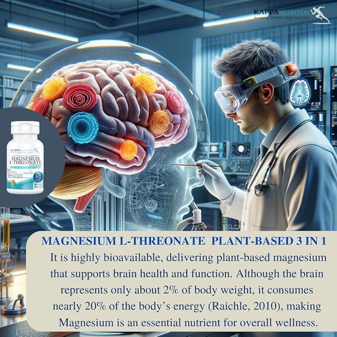 Kappa Nutrition Powered by Magbrain™ Magnesium L-Threonate Plant-Based, 90 Vegan Capsules, 420mg Elemental Magnesium (3 Capsules) from 2,253mg, Brain, Sleep & Muscle Support.