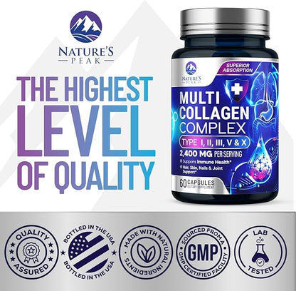 Multi Collagen Peptides Supplement for Hair, Nail, Skin - Type I, II, III, V, X, Collagen Powder Pills - Grass-Fed, Hydrolyzed for Bone and Joint Support for Women & Men, Non-GMO - 60 Capsules