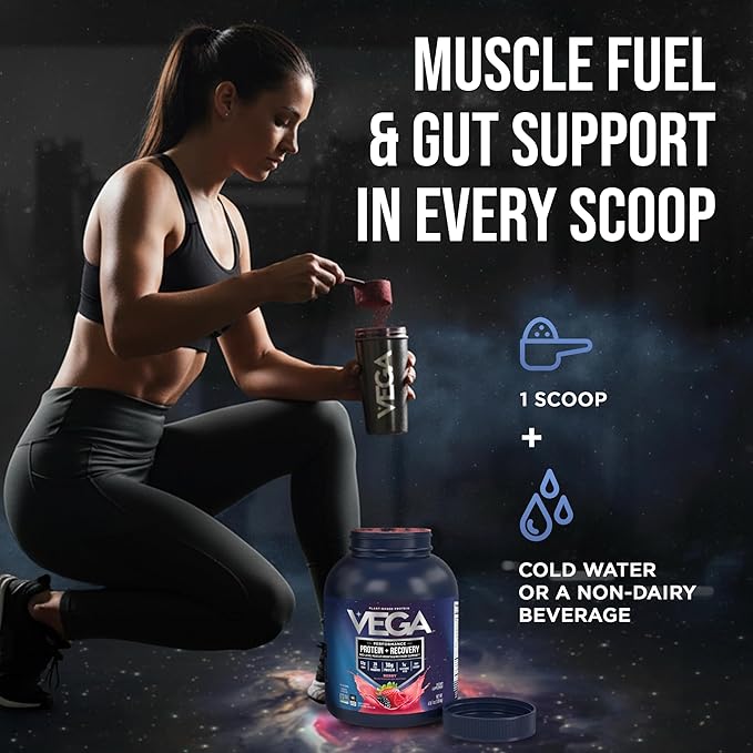 Vega Sport Vegan Protein Powder + Recovery - 30g Plant Based Protein per Serving, Berry, 45 Servings, 5g BCAAs, Probiotics, NSF Certified, for Shakes & Smoothies, 4.2lbs (Packaging May Vary)