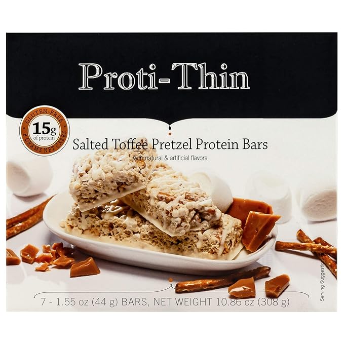 Proti-Thin Salted Toffee Pretzel Protein Bars, 15g Protein, Low Calorie, Very Low Carb (VLC), Low Fat, High Fiber Snack Bar, KETO Diet Friendly, Ideal Protein Compatible, No Gluten Ingredients, 7/Box