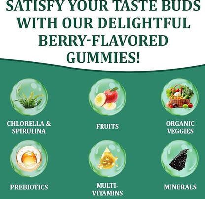 Greens Gummies, Daily Greens Gummies with Organic Chlorella and Spirulina, Digestive & Gut Health, Low Sugar, Formulated with 60+ Ingredients, Individual Packets,160 Gummy Bear