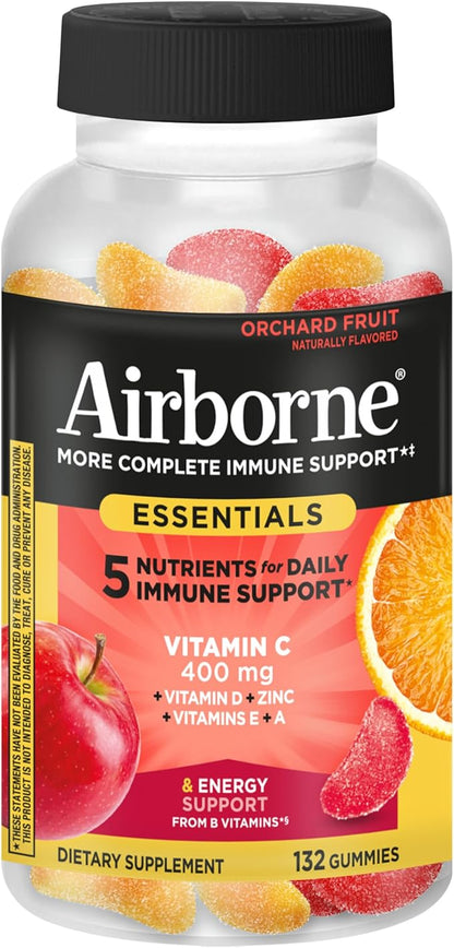 Airborne 400mg Vitamin C Gummies for Adults & Children, Immune Essentials Daily Immune Support Supplement with Powerful Antioxidants Vitamins C & E Plus Selenium - 132 Gummies, Orchard Fruit Flavor