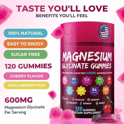 Magnesium Glycinate Gummies 600mg – High Absorption Pure Magnesium Glycinate Complex for Women & Men Support Sleep, Stress & Muscle, Sugar Free, Vegan & Non-GMO – Cherry, 120 Count