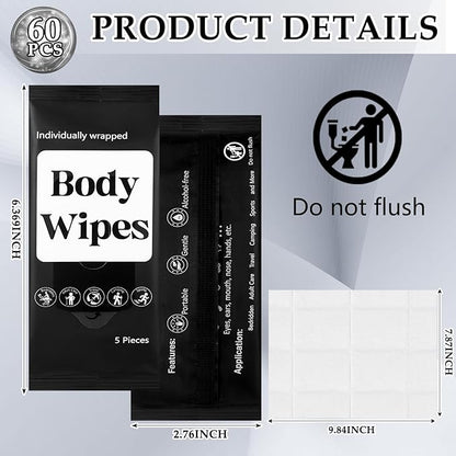 300 Pcs 60 Pack Body Wipes for Adults Bathing No Rinse Individually Wrapped Shower Wipes Washcloth with Aloe Cleansing Body Wash Cloths Disposable Bulk Deodorant Homeless(Black Background)