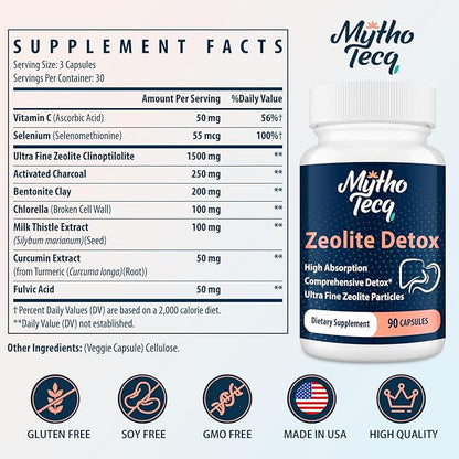 2300 MG Zeolite Detox Capsules - Activated Charcoal & Bentonite Clay, Highly Absorbable Full Body, Liver & Gut Cleanse, Zeolite Clinoptilolite（90 Capsules）