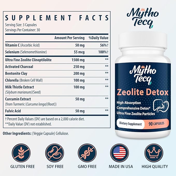 2300 MG Zeolite Detox Capsules - Activated Charcoal & Bentonite Clay, Highly Absorbable Full Body, Liver & Gut Cleanse, Zeolite Clinoptilolite（180 Capsules）