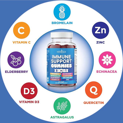 NEW AGE 8 in 1 Immune Support Booster Supplement with Elderberry, Vitamin C and Zinc 50mg, Vitamin D 5000 IU, Quercetin & Bromelain (8 in 1 Gummies (Pack of 1))