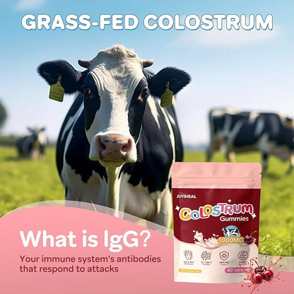 Colostrum Gummies, 1000 mg Grass Fed Colostrum Chews Colostrum Supplement for Gut Health, Hair Growth, Beauty, and Immune Support, Cherry Flavor 60 Servings