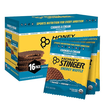 Honey Stinger Organic Gluten Free Cookies & Cream Waffle, Energy Stroopwafel for Exercise, Endurance and Performance, Sports Nutrition for Home & Gym, Pre & During Workout, 16.96 Ounces (Pack of 16)