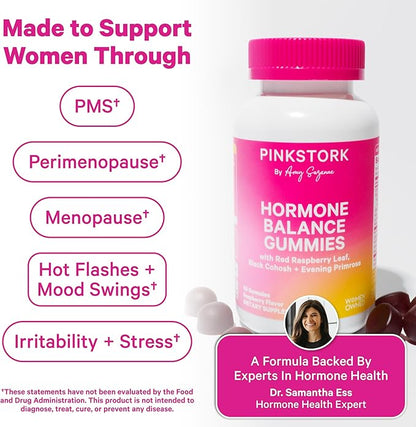 Pink Stork Hormone Balance Gummies for Women – PMS, Menopause & Estrogen Support – Mood, Bloating, Hot Flashes & Energy – Red Raspberry Leaf, Black Cohosh, Primrose – 60 Vegan Gummies