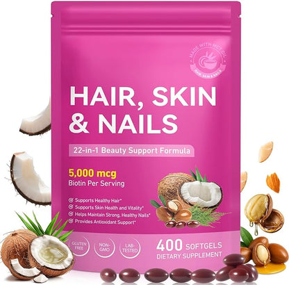 Hair Skin Nail Multivitamin & Biotin, 5000 mcg Biotin of Per Serving with Vitamin A/C/E/B Vitamins/Collagen/Keratin/Argan Oil for Hair/Nail Growth, Radiant Skin Support - for Women & Men|400 Pcs