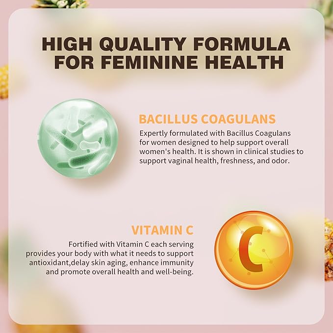 Feminine Balance Gummies, Premium Women's Supplement for PH & Immune Support, Vegan Gluten-Free - Hawaiian Pineapple, 60 Gummies (30 Servings) - BPA-Free Bottle