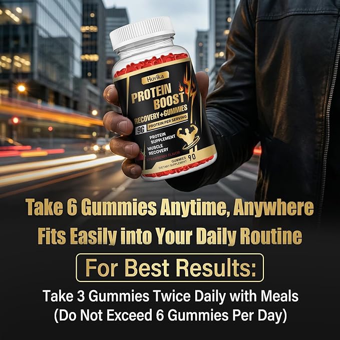 Whey Protein Gummies, 9g Protein per Serving, Easy to Take Snacks for Men & Women, Recovery + Supplement Gummies for Protein Boost, Muscle, Energy Support, Strawberry Flavor, 90 Gummies