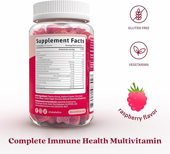 BeLive Elderberry Gummies with Vitamin C - Double Strength Elderberries Extract - Zinc, Multivitamins, B-Complex - for Immune Support Vitamins, Raspberry Flavor (250 Ct - 5 Packs)