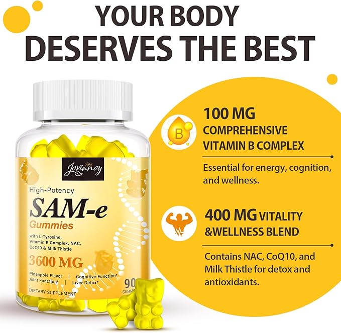 Jovianoy SAM-e Gummies with L-Tyrosine, Vitamin B Complex & NAC, CoQ10, High-Potency SAM-e Supplement - Pineapple Flavor, for Mood, Joint, Cognitive & Liver Detox, Vegan Friendly, 90 Gummies
