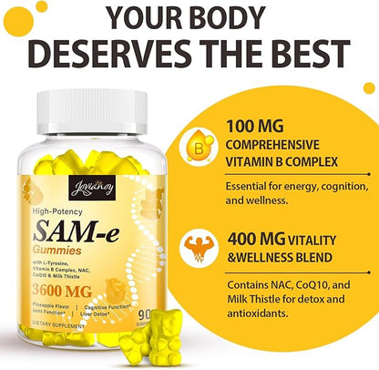 Jovianoy SAM-e Gummies with L-Tyrosine, Vitamin B Complex & NAC, CoQ10, High-Potency SAM-e Supplement - Pineapple Flavor, for Mood, Joint, Cognitive & Liver Detox, Vegan Friendly, 90 Gummies