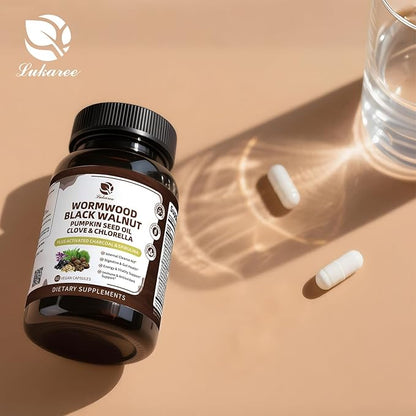 Lukaree Wormwood Black Walnut Cleanse for Human 1200mg – Ultra Gut Cleanse & Digestive Health w/Pumpkin Seed Oil,Clove,Activated Charcoal -10X Concentrated, Men & Women Probiotic Capsules -Vegan,60 CT